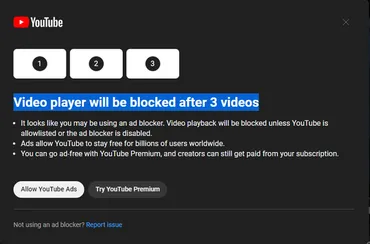 YouTubeが広告ブロック使用ユーザーに警告開始。無視を続ければ再生不可に 